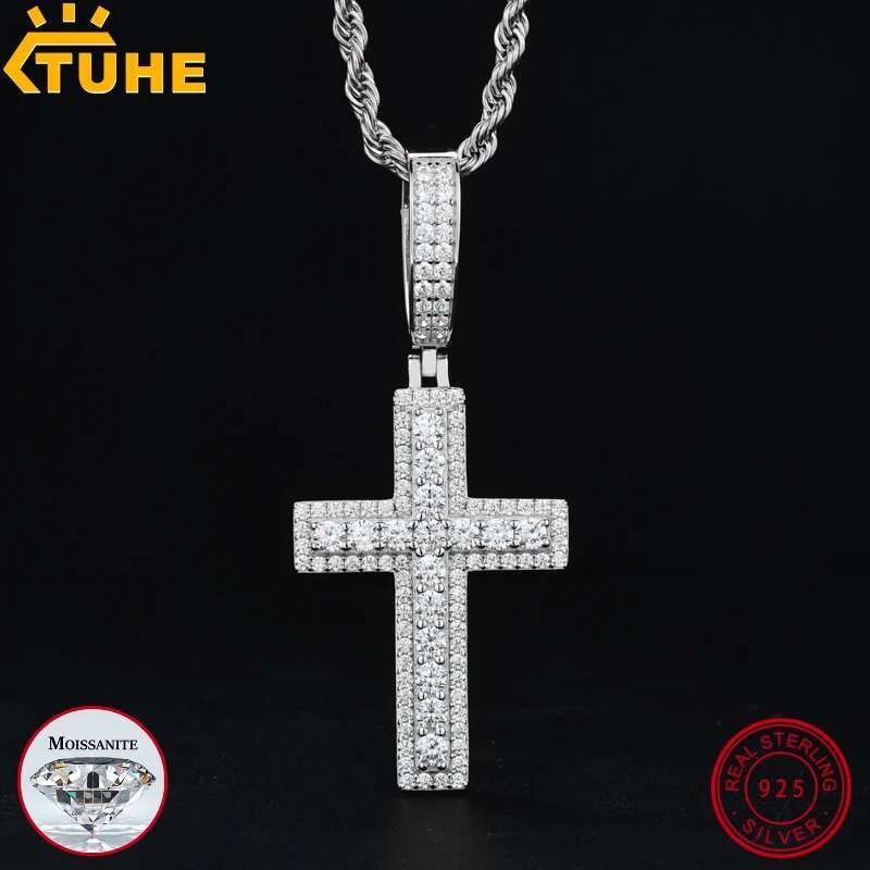 TUHE Unisex Cross Pendants Necklaces Ice Out Moissanite 925 silver Pendants For Men Hip Hop Jewelry Gift