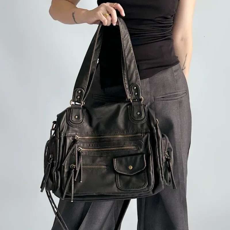 Women's Fashion Retro Old Motorcycle Large Capacity Washed Y2k Hot Girl Shoulder Messenger Bag
