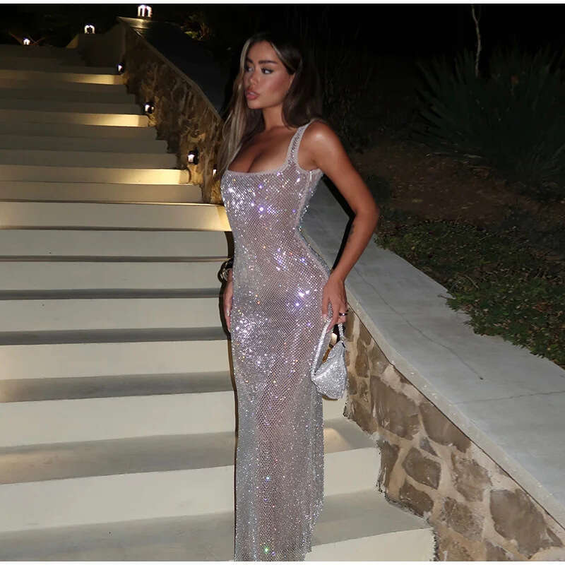 European and American 2025 autumn women's personalized street party sequin square neck slim fit dress new casual fashion trend clothing