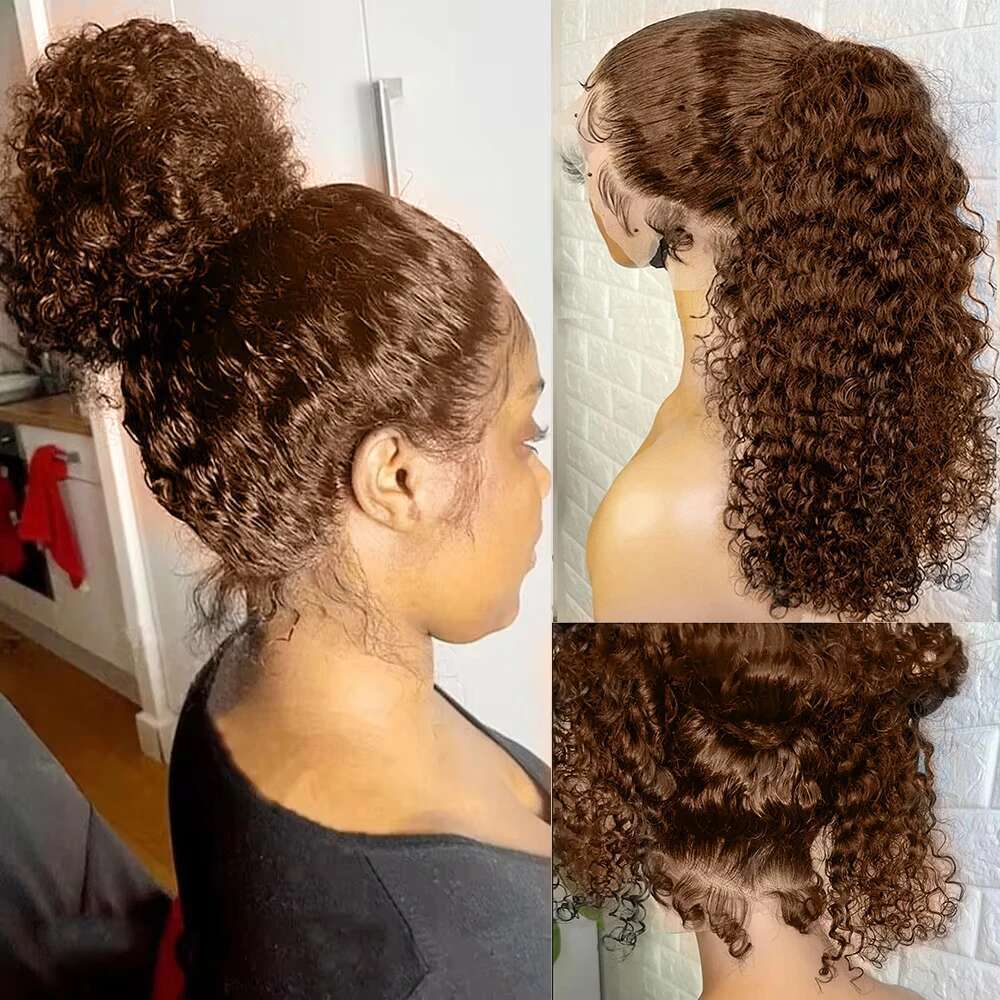 Deep Wave 13x6 HD Frontal Invisible Strap 360 Full Glueless Human Hair Chocolate Brown Lace Front Wig