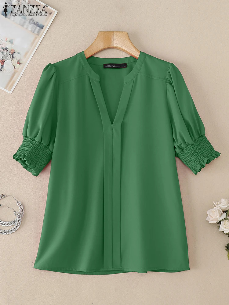 ZANZEA Stylish Women V Neck Short SleeveBlouse Summer Solid Shirt Elegant Work OL Tunic Tops Casual Holiday Beach Blusas 250520