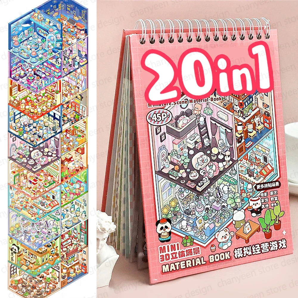 20Pcs 20in1 Cartoon Landscape Sticker Book DIY 3D Pocket Cabin Scene Stickers Gift for Kid Child 250519