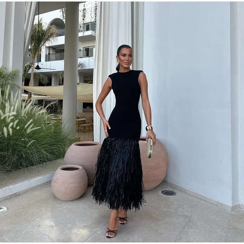 European and American Spring/Summer Women's Personalized Street Solid Color Lafia Splicing Knitted Medium Long Dress 2025 Temperament Versatile N