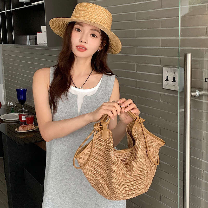 Women's Bags Designer French Summer Vacation Grass Woven Splicing Large Capacity Tote Dumpling Lazy Style Shoulder Bag