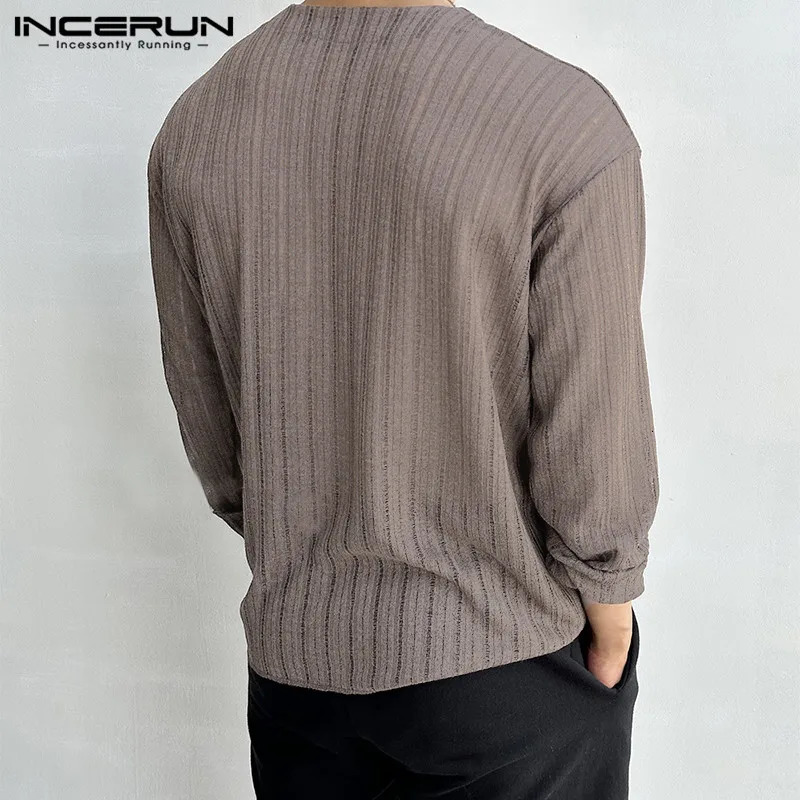 INCERUN Men Shirt Striped V Neck Long Sleeve Button Streetwear Clothing Autumn Knitted Korean Style Casual Shirts S5XL 250520