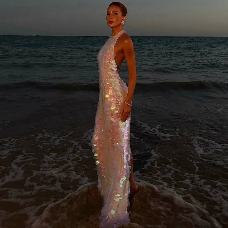 Chic Shinning Sequins Maxi Dress For Women Backless Sleeveless Halter Robes Lady Spring Summer Vacation Beach Dresses 250517
