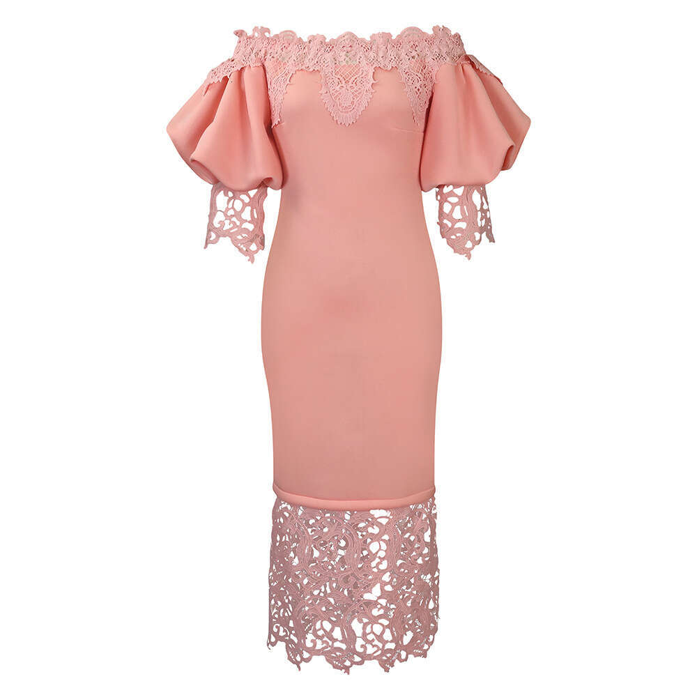 Women's Wear Women's New One Line Neck Lace Spliced Banquet Evening Lantern Sleeves OL Bridesmaid Dress