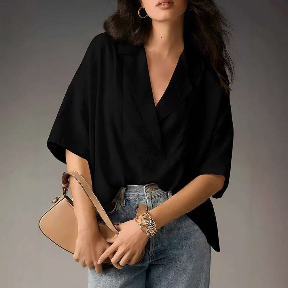 Women's Summer New Short Sleeve Collar Casual Loose Top Solid Color Shirt B5