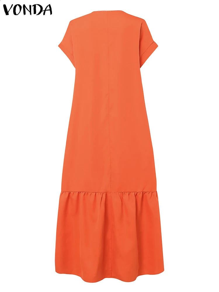 Plus Size VONDA Women Bohemian Dress 2025 Summer Sundress Solid Color Casual Short Sleeve Party Ruffled Vestidos V-Neck Robe 250519