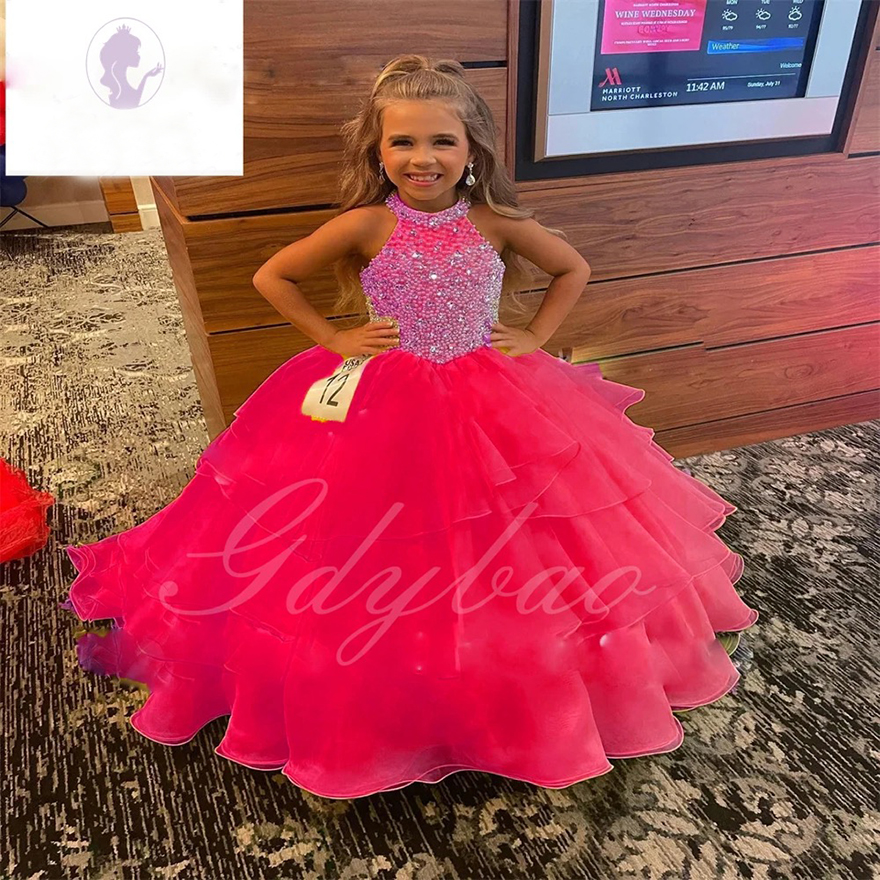 Yellow Flower Girl Dress For Wedding Tulle Puffy Beaded Sleeveless Floor Length Princess Pageant Elegant Kids Birthday Ball Gown