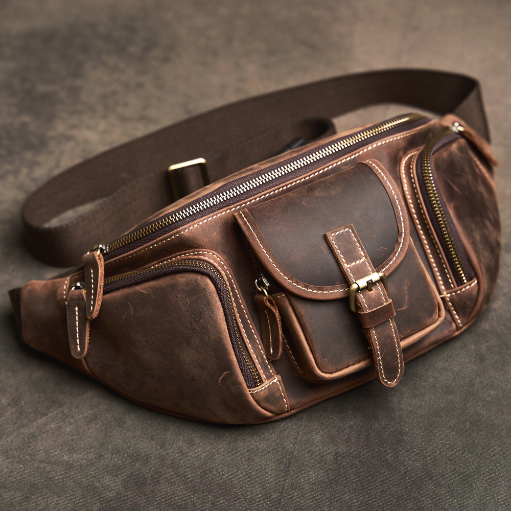 Hot Sale Men Crazy Horse Leather Casual Fashion Chest Sling Bag 8" Tablet Design Triangle One Shoulder Cross-Body Bag Male