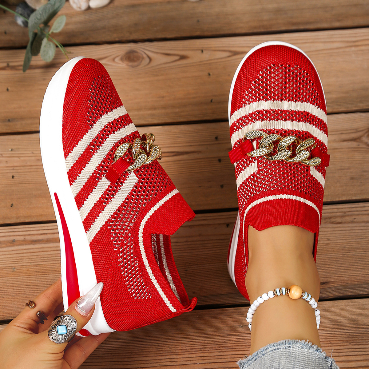 New Metal Chain Slope Heel Thick Bottom One Step Breathable Lightweight Mesh Large Casual Single Shoe For Casual Shoes Women Ddmysaturn