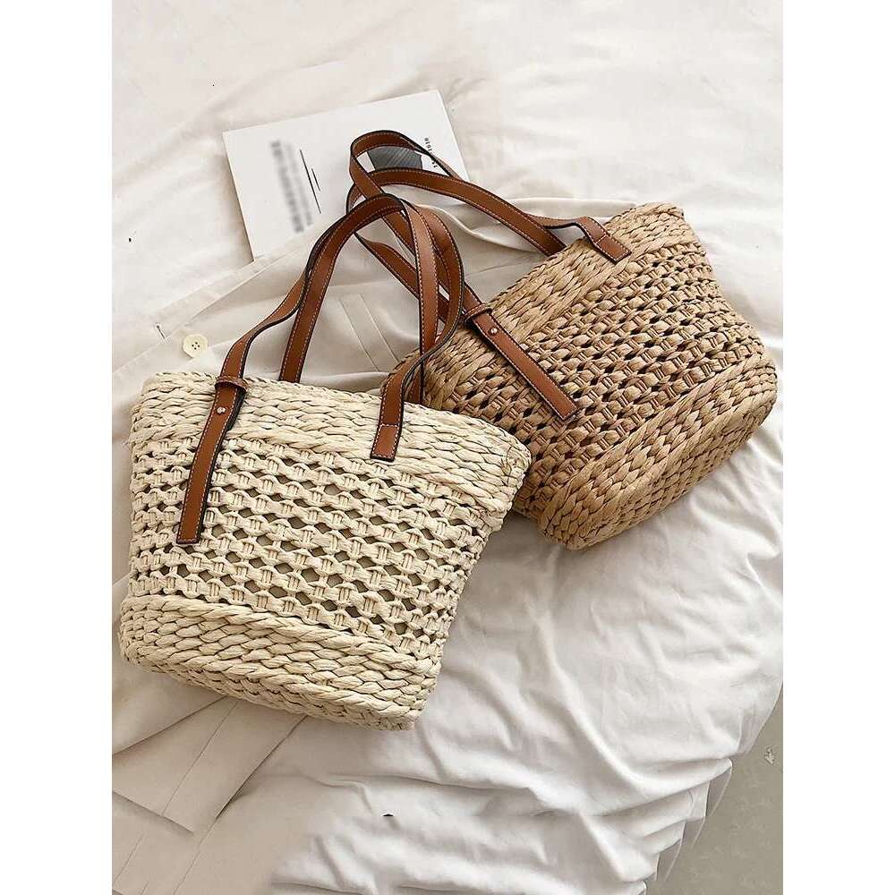 2025 Summer Handwoven Straw Beach Tote Bags For Women Vintage Hollow Out Handbag Basket Rattan Vacation Shoulder Bag