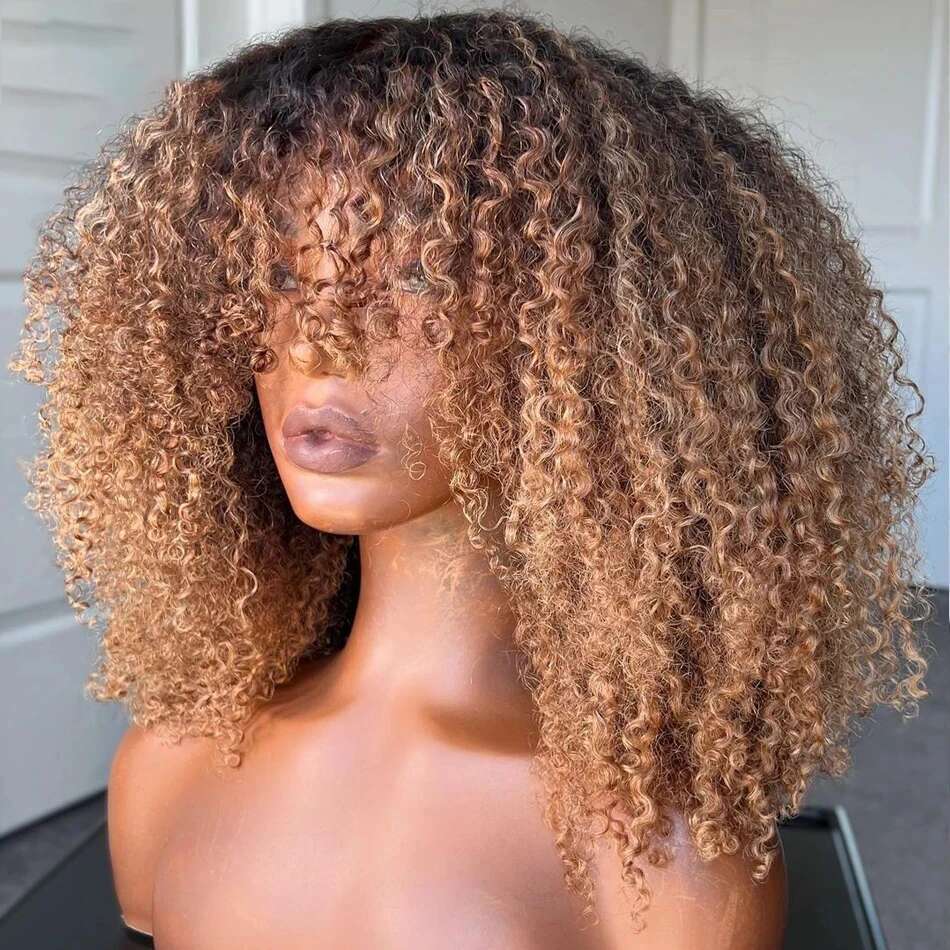 Highlights Blonde Jerry Curly Full hine Made With Bangs Brazilian Remy Human Hair Wig Ombre Brown Colored For Black Women