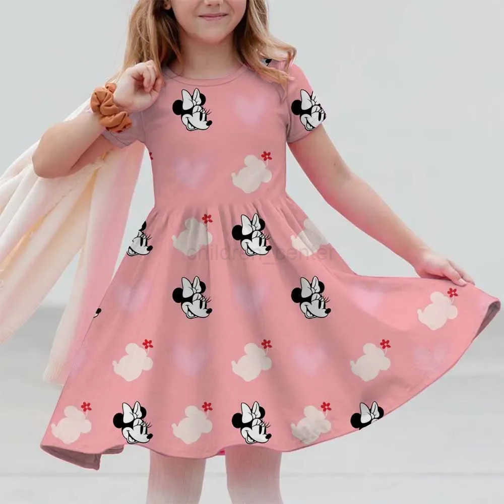 Mickey Mouse Summer Girls Skirt Short Sleeve Dress 3D Printed Cartoon Disney Cute Childrens Fashion MNSO Party Trendy Clothing W250520