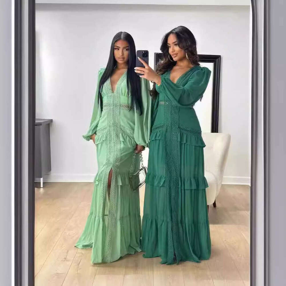 European American autumn winter temperament splicing sleeved V-neck dress women's long skirt 2025 new style chic and elegant clothing