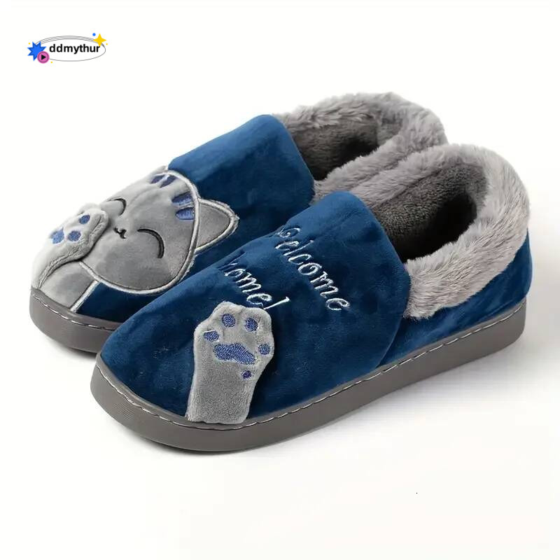Cute Home Slippers Women Furry Short Plush Cartoon Cat House Shoes Woman Non-slip Soft Winter Warm Indoor Bedroom Men Couples ddmythur