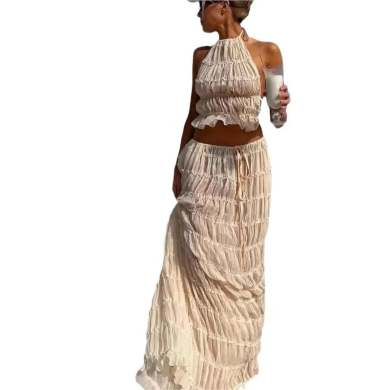 Sexy Backless Halter Strappy Pleated Lace Vest Long Skirt Suit For Women Fashion Dress Sets Solid Summer Beach Party Outfits 250520