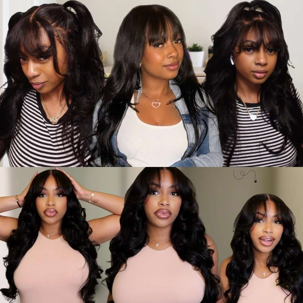 Fluffy Loose Wave Wig With Curtain Bangs 7x5 Cut Pre Bleached Glueless Wigs Human Hair Ready To Wear 180% Density