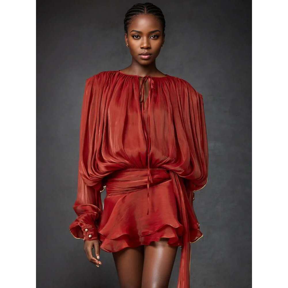 Elegant Solid Pleated Blouse Mini Dresses Women V Neck Lace Up Long Lantern Sleeve Dress 2025 Street Beach Vocation Short Robes Designer