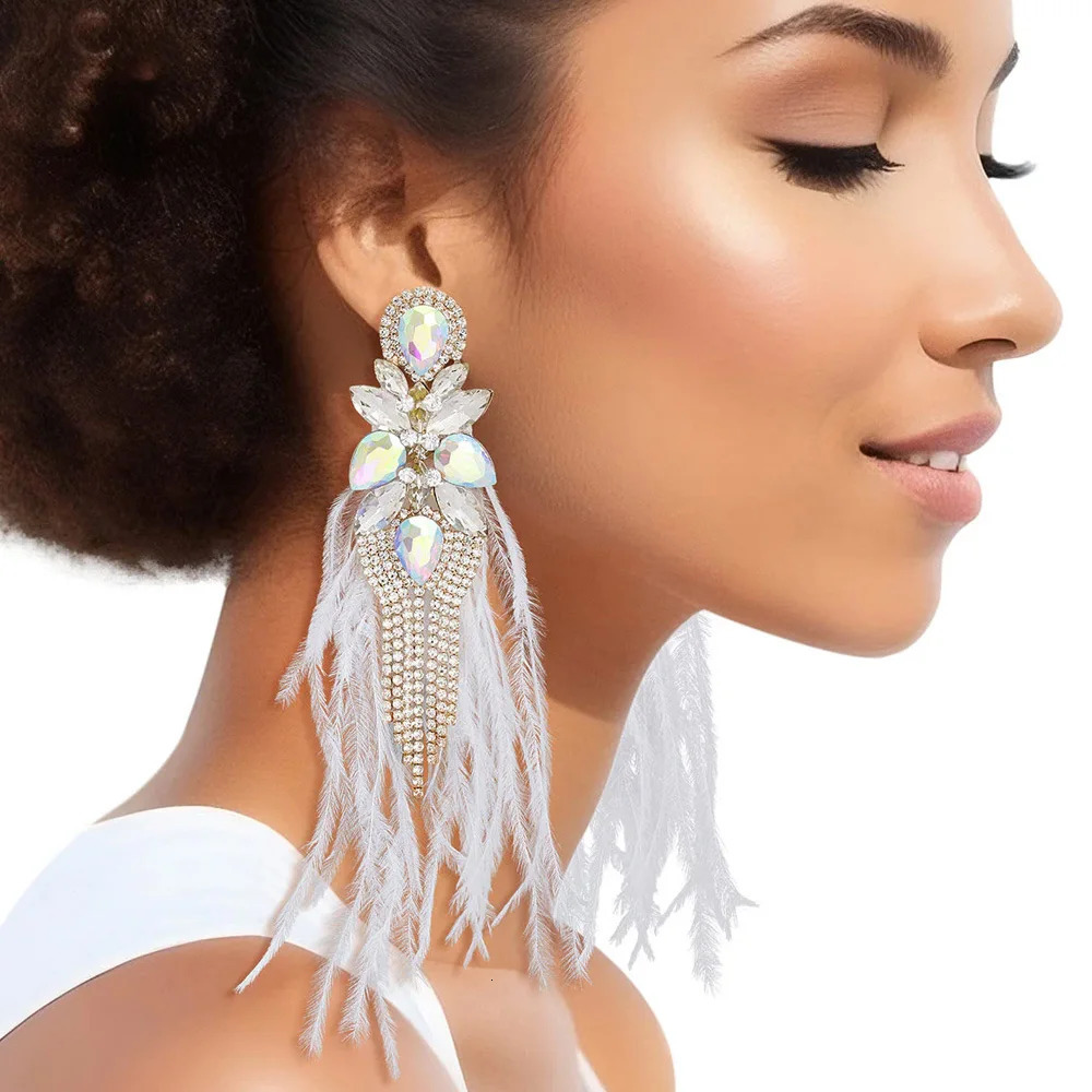 Stonefans AB Color Rhinestone Tassel Feather Earrings Jewelry for Women Statement Large Earrings Belly Dance Decor Prom Jewelry 250520