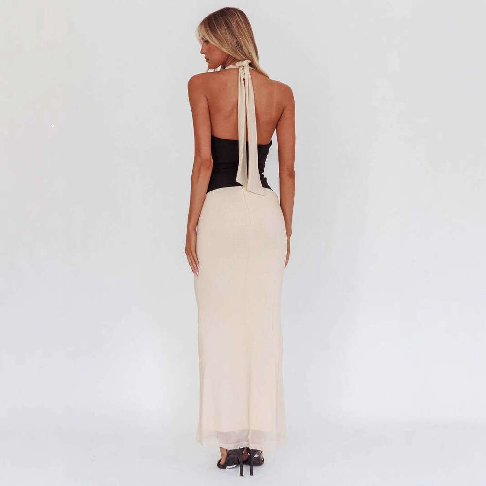 European and American sources, temperament, hanging neck tie splicing, sexy deep V vacation long women's dress, 2025 new casual versatile fashion