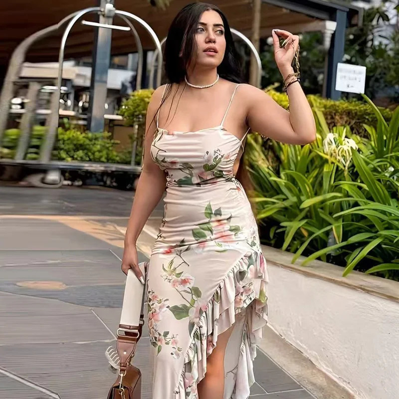 TRAF Womens Print Slip Dress Summer Casual Midi Backless Layered One Piece Resort Ruffled Sleeveless Vestidos 250520