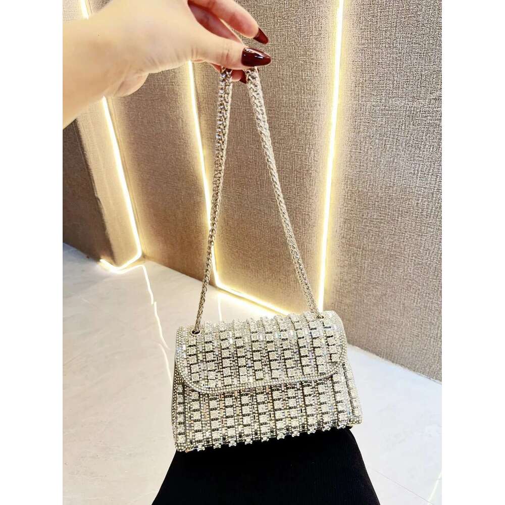 Full Rhinestone Women's Evening Clutch Bag Leather Chain Handbag Elegant Wedding Party Dia Wallet Rectangular Purse