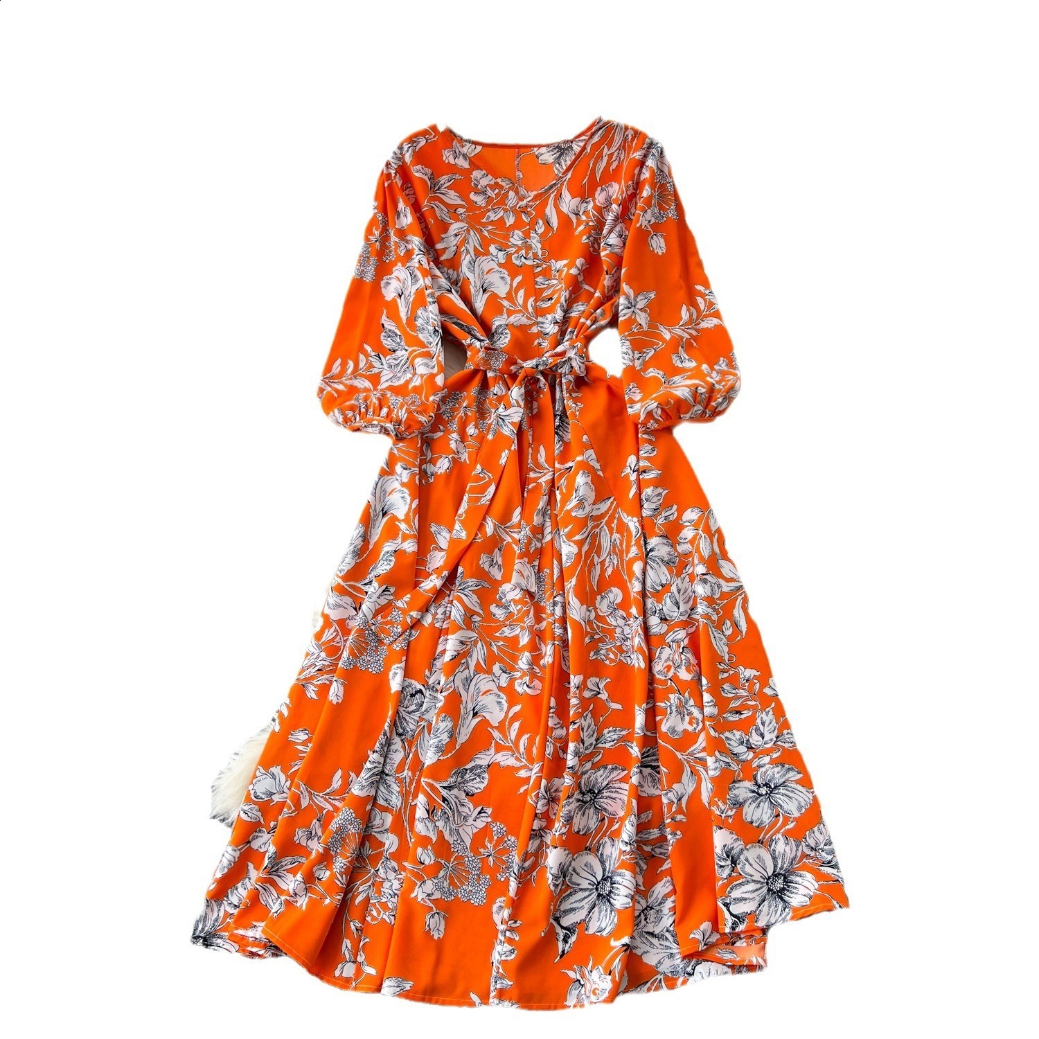 French fashion printed dress for women with loose straps and waist cinching slimming effect. A-line large swing hanging feeling long skirt 210416
