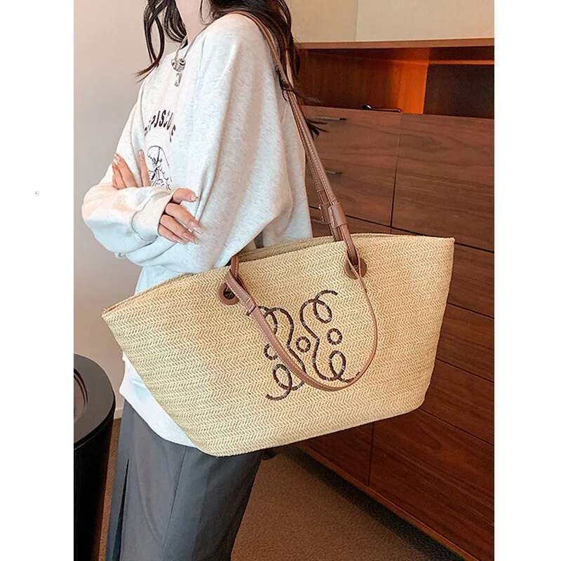 Handheld Straw Woven For Women, Large Capacity Summer Vacation Travel Bucket Commuting Tote Bag, Shopper Bag