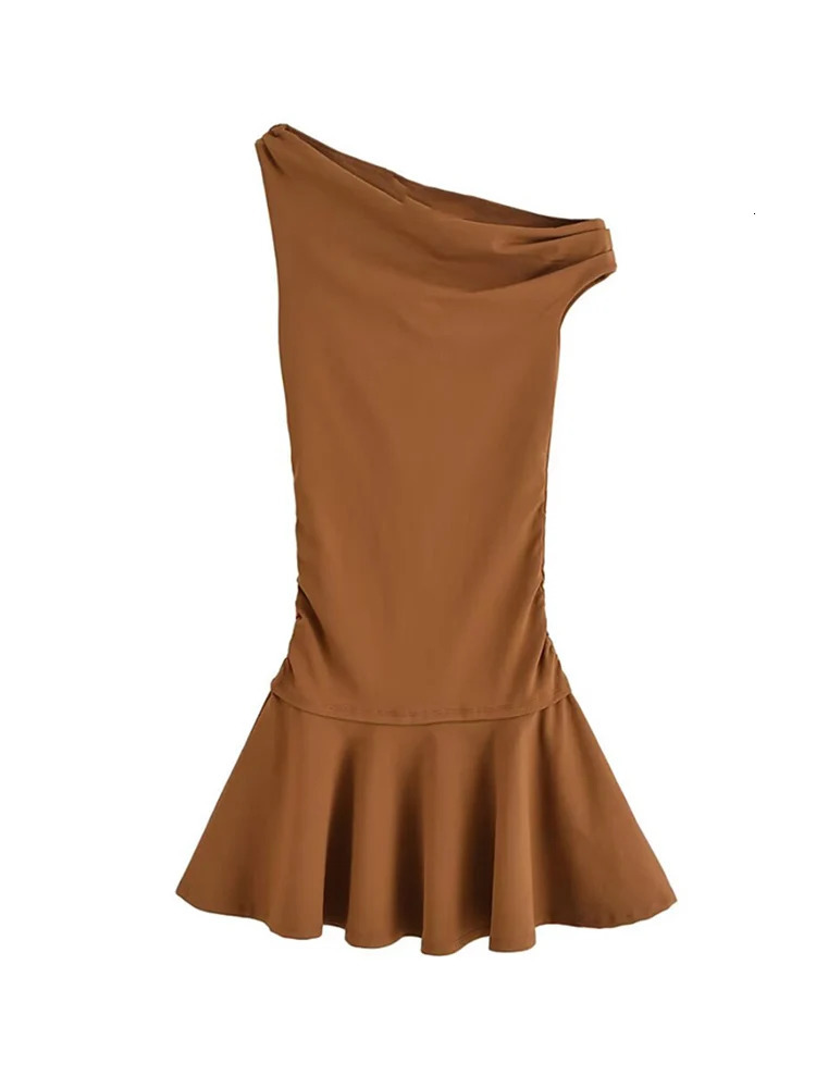 TFMLN Womens Diagonal Shoulder Aline Dress Chic Asymmetric Style Sleeveless Slim Elegant Folds Mini Dresses Summer 250520