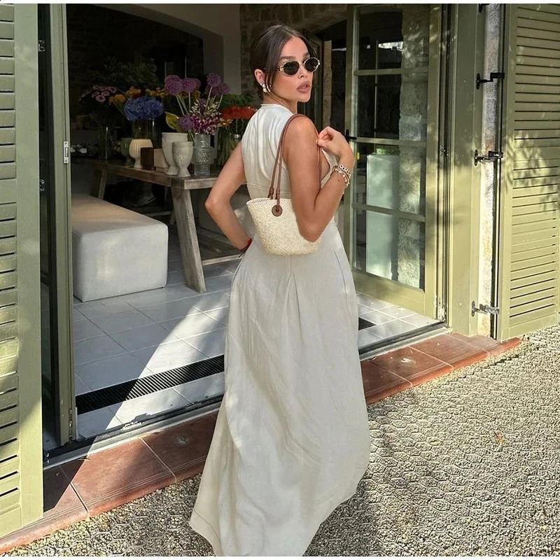 Summer Elegant Solid Sleeveless Women Maxi Dress Fashion V-neck Zipper Slim Cotton Linen Dresses 2024 Office Lady Commuting Robe250514