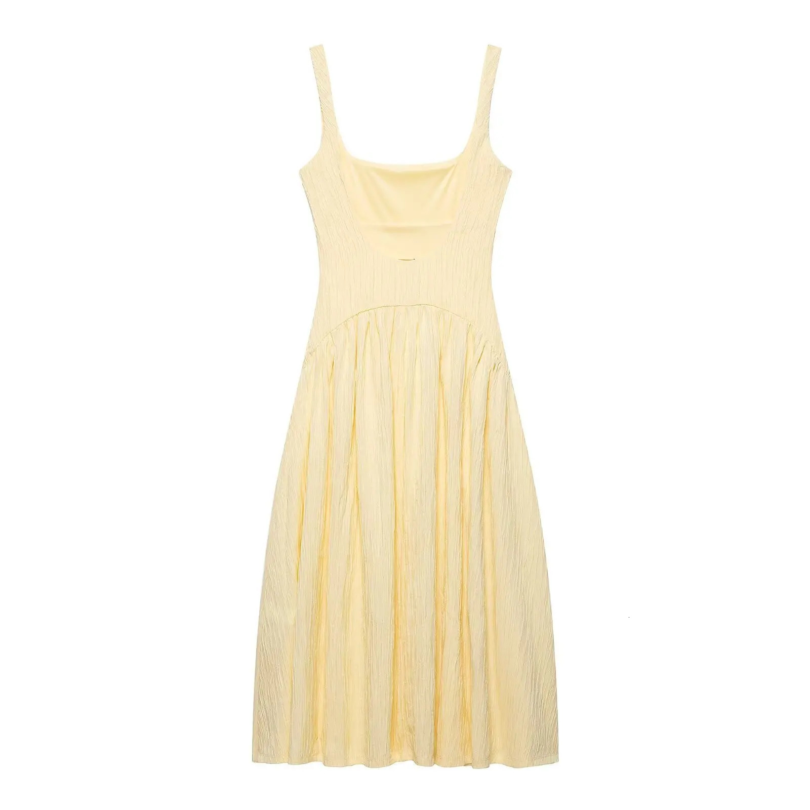 ZBZA Women Pleated Midi Dress Square Neck Halter Back High Waist Zipper Aline Suspender Spring Summer Female Chic Top 250520