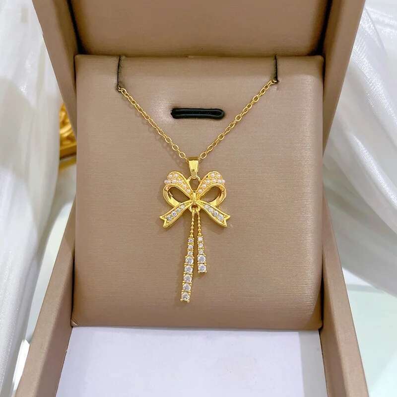 Exquisite And Fashionable Hollow Pearl Bow Tassel Necklace Earrings Set Classic Personality Girls Stainless Steel Jewelry Gift
