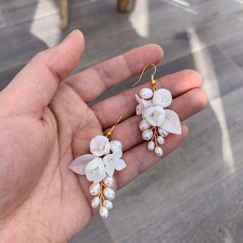 Freshwater Pearls Wedding Bridal Earrings White Porcelain Flower Women Drop Earring Handmade Jewelry 250517