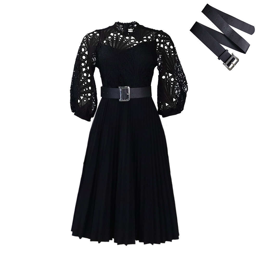 Women's Wear Women's New Fashion Large Lace Hook Flower Sexy Hollow Hundred Pleats Dress