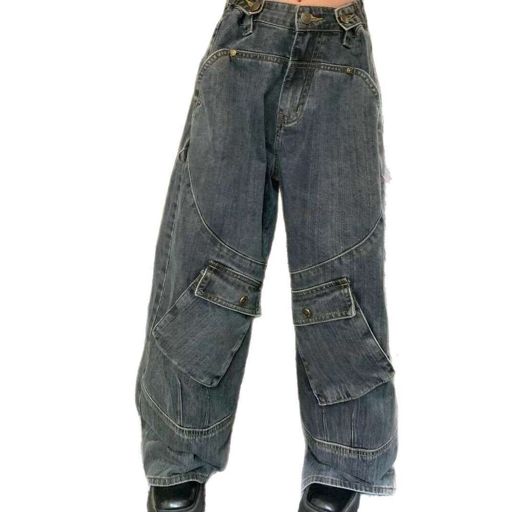 American oversized washed workwear jeans, high street hip-hop fashion loose spicy girl mop pants