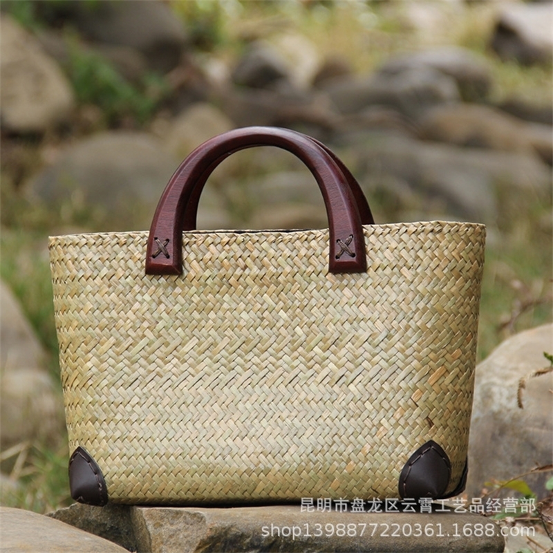 Straw bag woven womens bag rattan bag straw bag wooden handle handbag new bag 241127