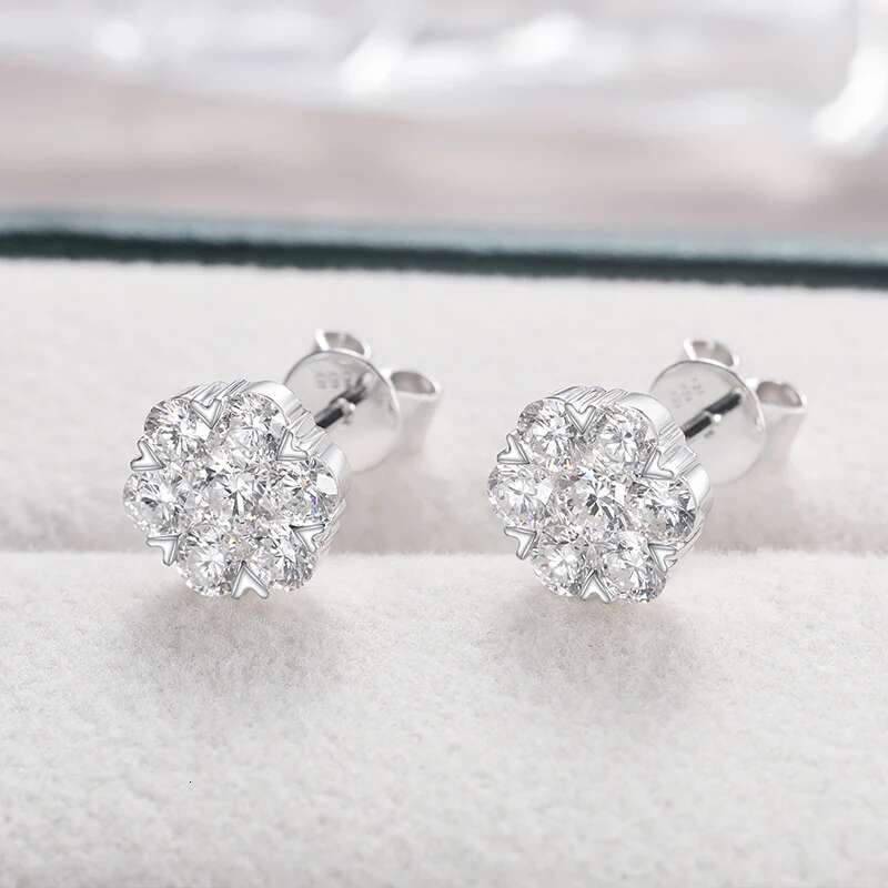 14K White Gold Stud Earrings For Women Men Honeycomb Flower Lab Grown Diamond Round Ear Studs Fine Wedding Birthday Jewelry Gift