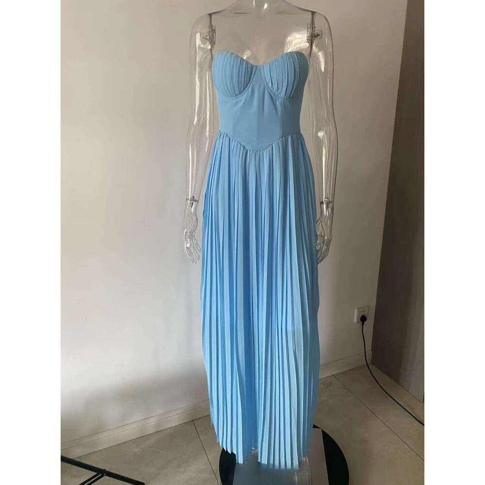2025 Summer New Product: Sky Blue strapless slimming pleated tight fitting dress. Wholesale of Dress temperament, versatile new trendy clothing. Ins