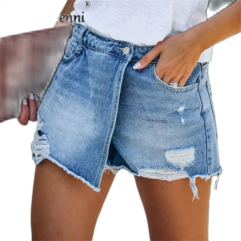 2024 Summer Women Ripped Repaired Denim Shorts High Waist Bodycon Distressed Hole Bottoms Casual Pockets Sexy Short Jeans 250514