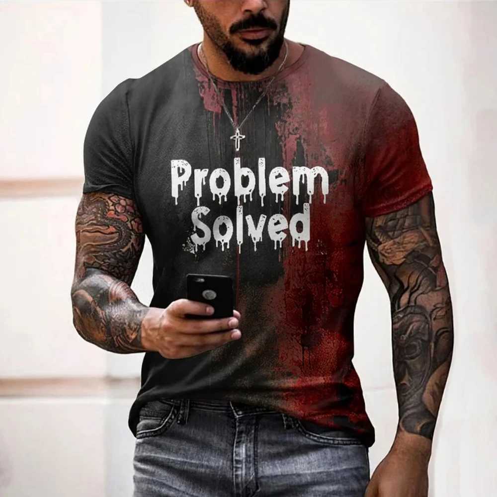 Mens T Shirts Problem Solved Bloody Print Tees Fashion Horrible Halloween Short Sleeve Casual Round Neck Oversized T-shirt TopsXJ250520