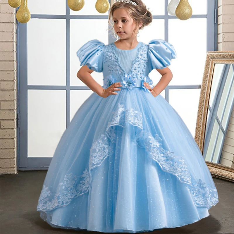 Elegant Girls Birthday Party Dress for 4-12 Years Old Halloween Princess Dress Bubble Sleeves Girls Fluffy Dress 250519