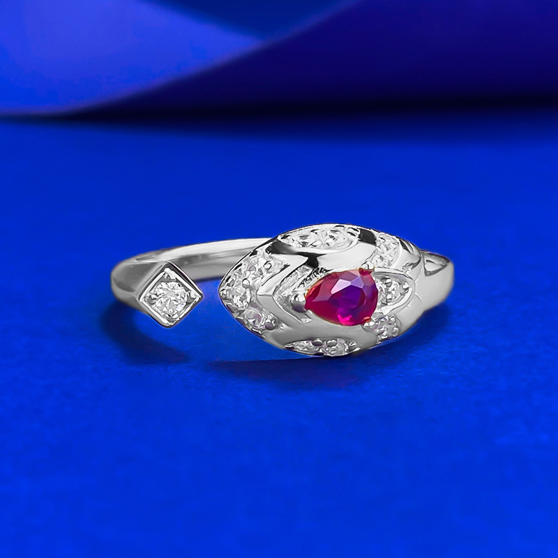 Luxury Retro Chinese Style S925 Silver Snake Open Ring with Ruby Accent