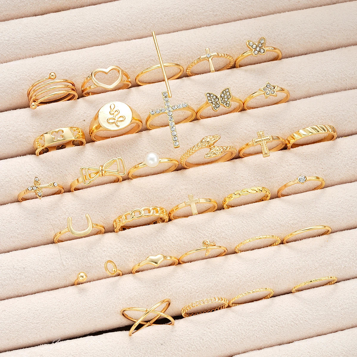 30pcs/Set Fashion Cross Love Rhinestone Ring Simple Wave Metal Circle Hollow Geometric Rings For Women Trendy Jewelry Gifts 250519