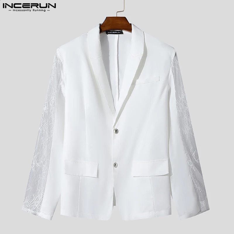 Fashion Casual Style Tops INCERUN Mens Perspective Lace Splicing Suit Coats Male Solid Long Sleeved Blazer S-5XL 250519
