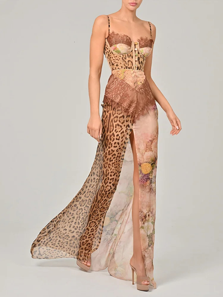 Summer Beach Leopard Print Dress Sexy Lace Split Patchwork Chiffon Dresses Women Elegant Sleeveless Backless Evening Gowns 250520