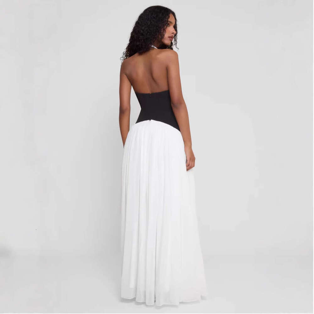 Color blocking sexy vacation hanging neck deep v backless long dress, dress 2025 new casual versatile fashion clothing