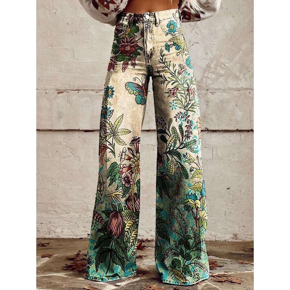 Women's High-Waisted Printed Stretch Wide-Leg Casual Jeans - Fashionable & Comfy