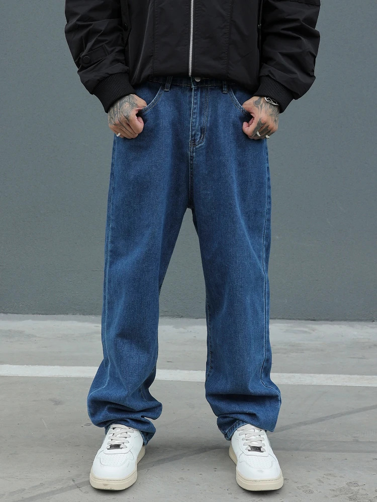 Mens Cotton Baggy Y2K Jeans Fashion Male Clothes Elastic Waist Washed Wide Leg Pants Solid Straight Loose Denim Trousers 250519